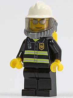LEGO Minifigure-Fire - Reflective Stripes, Black Legs, White Fire Helmet, Silver Sunglasses, Breathing Neck Gear with Airtanks-Town / City / Fire-CTY018-Creative Brick Builders